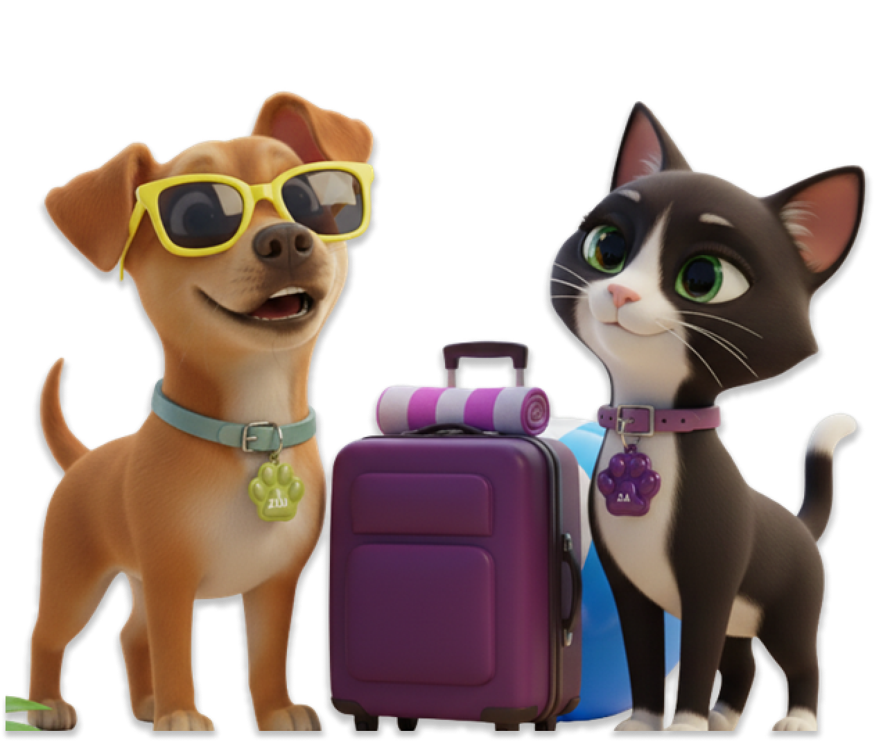 Cachorro e gato preparados para viagem com mala